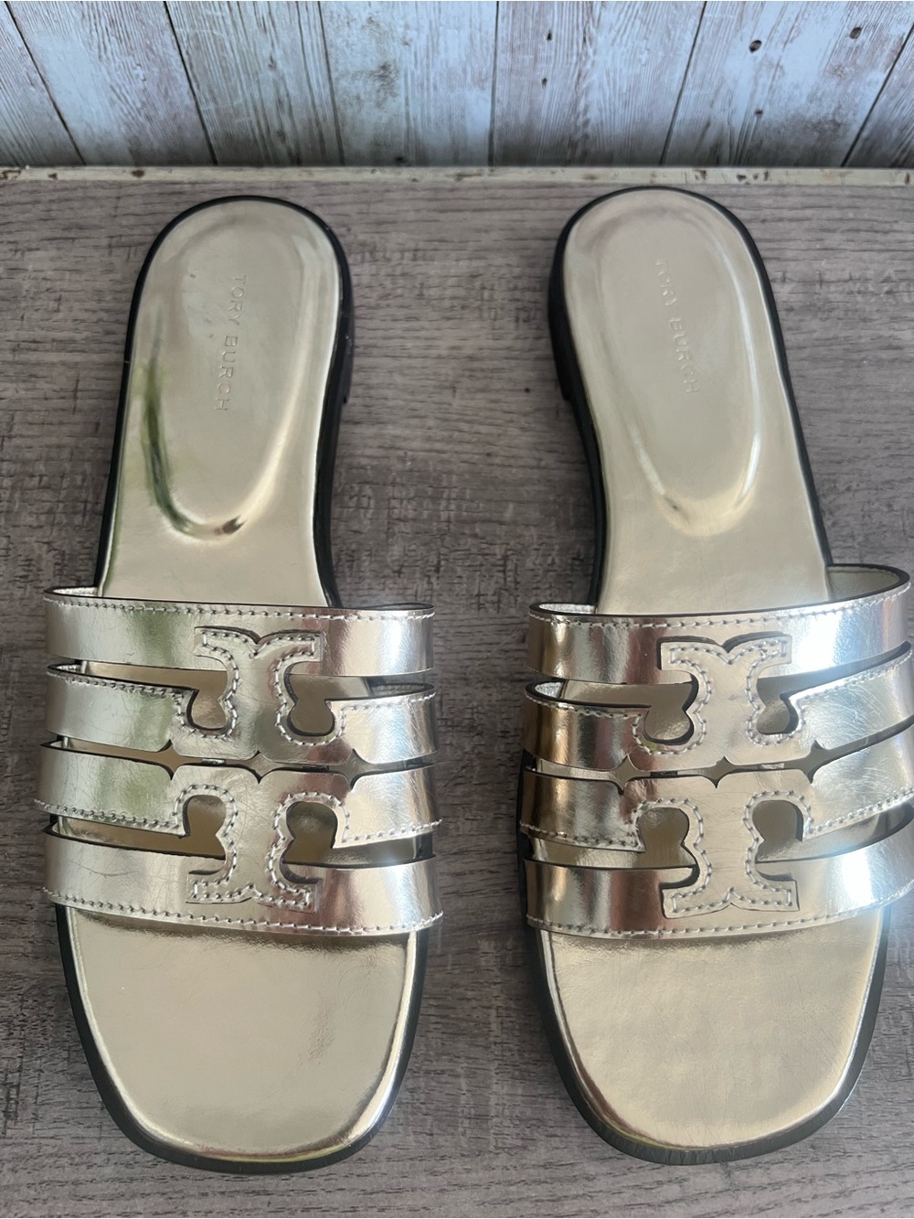 Tory Burch Ines Metallic Gold Triple-Strap Slide Sandals Size 7
